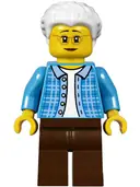 Minifigurka: TWN294:  Grandma, Dark Azure Plaid Jacket with Collar, Dark Brown Legs and White Hair