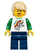 Minifigurka: TWN296:  Boy - Classic Space Minifigure Floating Pattern, Dark Blue Legs, Tan Tousled Hair