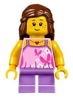 TWN297:  Girl - Bright Pink Top with Butterflies and Flowers, Medium Lavender Short Legs, Reddish Brown Female Hair Mid-Length