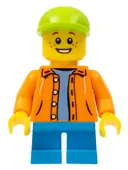 Minifigurka: TWN300:  Boy - Orange Jacket with Hood over Light Blue Sweater, Dark Azure Short Legs, Lime Cap