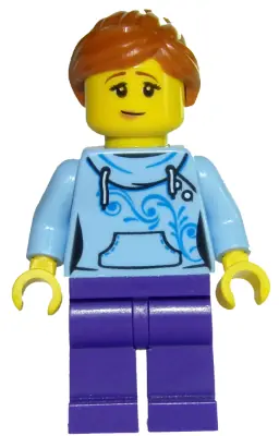 TWN325:  Roller Coaster Rider - Female, Bright Light Blue Hoodie, Dark Purple Legs, Dark Orange Ponytail