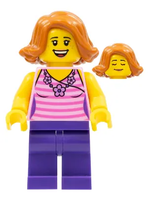 TWN330:  Woman, Striped Pink Shirt with Flower Necklace, Dark Purple Legs, Dark Orange Female Hair Short Swept Sideways