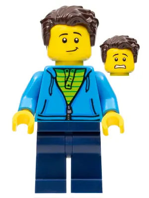 TWN331:  Man, Dark Azure Hoodie with Green Striped Shirt, Dark Blue Legs, Dark Brown Hair