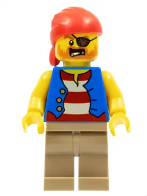 TWN332:  Pirate Man, Striped Red and White Shirt Under Blue Vest, Red Bandana, Left Eye Patch and 3 Gold Teeth, Dark Tan Legs