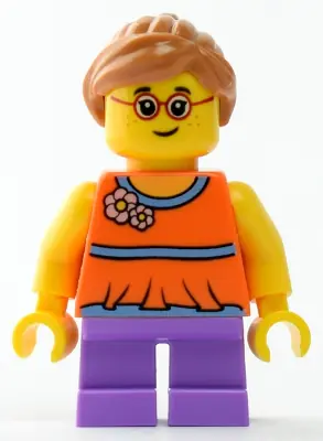 TWN337:  Child - Girl, Orange Top, Medium Lavender Short Legs, Medium Nougat Ponytail Hair, Glasses, Freckles