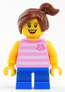 Minifigurka: TWN338:  Child - Girl, Bright Pink Striped Shirt with Cat Head, Blue Short Legs, Reddish Off-center Ponytail, Freckles