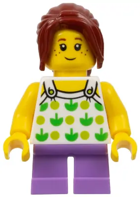 TWN343:  Child - Girl, White Halter Top with Green Apples and Lime Spots, Medium Lavender Short Legs, Dark Red Ponytail, Freckles
