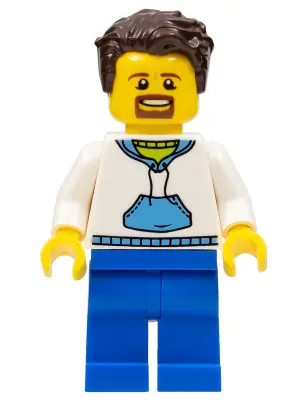 TWN349:  Ludo Blue - Male, White Hoodie with Medium Blue Pocket, Blue Legs, Dark Brown Tousled Hair, Goatee