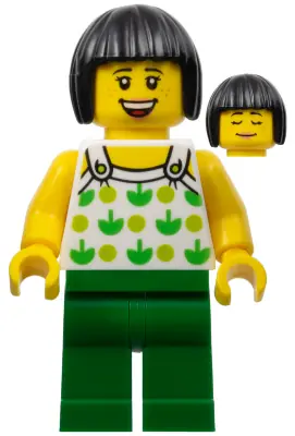 TWN350:  Ludo Green - Female, White Halter Top with Green Apples and Lime Spots, Green Legs, Black Bob Cut Hair, Freckles