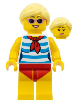 TWN352:  Ludo Yellow - Female, Dark Azure and White Striped Shirt with Red Scarf, Yellow Legs with Red Swimsuit, Bright Light Yellow Ponytail, Sunglasses