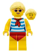 Minifigurka: TWN352:  Ludo Yellow - Female, Dark Azure and White Striped Shirt with Red Scarf, Yellow Legs with Red Swimsuit, Bright Light Yellow Ponytail, Sunglasses