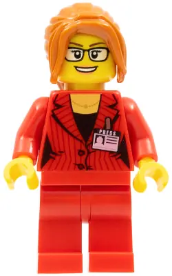 TWN354:  Ludo Red - Female, Red Suit Jacket with Press Pass, Red Legs, Dark Orange Ponytail, Glasses