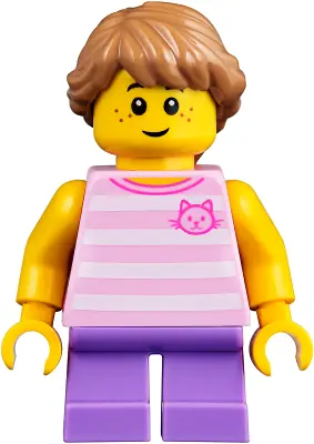 TWN356:  Child - Girl, Bright Pink Striped Shirt with Cat Head, Medium Lavender Short Legs, Medium Nougat Braided Hair