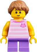 Minifigurka: TWN356:  Child - Girl, Bright Pink Striped Shirt with Cat Head, Medium Lavender Short Legs, Medium Nougat Braided Hair