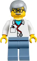 Minifigurka: TWN357:  Veterinarian Dr. Jones with Light Bluish Gray Hair, Glasses, Red Stethoscope and Sand Blue Legs