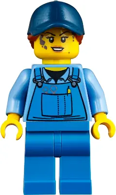 TWN358:  Mechanic - Female, Blue Overalls over Medium Blue Shirt, Blue Legs, Dark Blue Cap with Dark Orange Ponytail, No Back Print