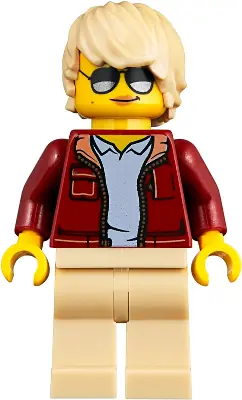 TWN360:  Woman, Dark Red Jacket with Bright Light Blue Shirt, Tan Legs, Tan Tousled Hair, Sunglasses
