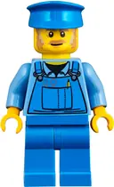 Minifigurka: TWN361:  Mechanic - Male, Blue Overalls over Medium Blue Shirt, Blue Legs, Blue Police Hat, Dark Tan Moustache and Sideburns, No Back Print