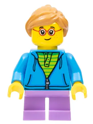 TWN362:  Child - Girl, Dark Azure Hoodie, Medium Lavender Short Legs, Medium Nougat Ponytail Hair, Glasses, Freckles