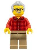 Minifigurka: TWN368:  Grandfather - Red Plaid Flannel Shirt, Dark Tan Legs, Light Bluish Gray Hair