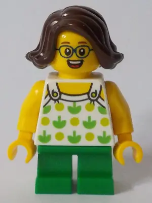 TWN370:  Child - Girl, White Halter Top with Green Apples and Lime Spots, Green Short Legs, Dark Brown Hair, Glasses
