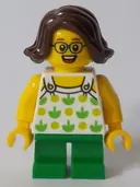 Minifigurka: TWN370:  Child - Girl, White Halter Top with Green Apples and Lime Spots, Green Short Legs, Dark Brown Hair, Glasses