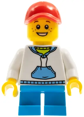 TWN372:  Child - Boy, White Hoodie with Medium Blue Pocket, Dark Azure Short Legs, Red Cap, Freckles