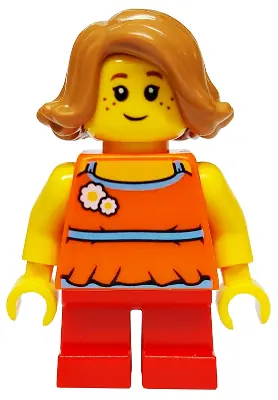 TWN376A:  Child - Girl, Orange Halter Top with Flowers and High Back, Red Short Legs, Medium Nougat Hair, Freckles