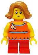 Minifigurka: TWN376A:  Child - Girl, Orange Halter Top with Flowers and High Back, Red Short Legs, Medium Nougat Hair, Freckles