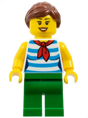 TWN377:  Fairground Carousel Rider - Female, Dark Azure and White Striped Shirt with Red Scarf, Green Legs, Reddish Brown Ponytail