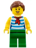 Minifigurka: TWN377:  Fairground Carousel Rider - Female, Dark Azure and White Striped Shirt with Red Scarf, Green Legs, Reddish Brown Ponytail