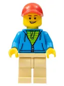 Minifigurka: TWN380:  Man, Dark Azure Hoodie with Green Striped Shirt, Tan Legs, Red Cap
