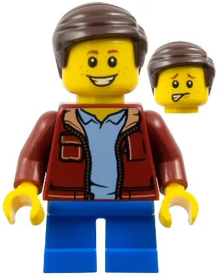 TWN382:  Child - Boy, Dark Red Jacket, Blue Short Legs, Dark Brown Hair, Freckles
