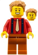 Minifigurka: TWN386:  Male, Medium Nougat Hair, Red Shirt, Tan Tie, Dark Blue Suspenders, Dark Orange Legs