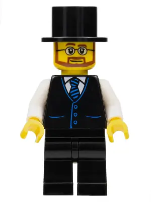 TWN389:  Haunted House Butler - Male, Black Vest with Blue Striped Tie, Black Legs, Black Top Hat, Glasses and Beard