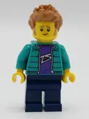 Minifigurka: TWN390:  Male with Purple Shirt, Dark Turquoise Jacket, Dark Blue Legs and Medium Nougat Hair