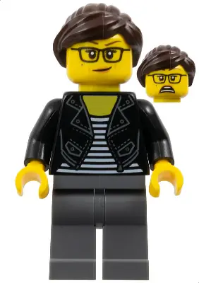TWN391:  Female with Striped Black and White Shirt, Black Jacket, Dark Bluish Gray Legs, Dark Brown Hair