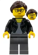 Minifigurka: TWN391:  Female with Striped Black and White Shirt, Black Jacket, Dark Bluish Gray Legs, Dark Brown Hair