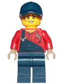 Minifigurka: TWN395:  Female Mechanic with Dark Blue Overalls and Legs, Dark Orange Ponytail with Dark Blue Ball Cap