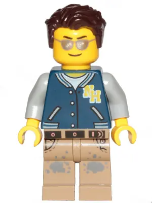 TWN396:  Male Driver with Dark Blue Jacket, Dark Tan Legs with Dark Bluish Gray Splotches, Dark Brown Hair