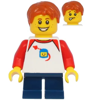 TWN397:  Boy with Classic Space Shirt with Red Sleeves, Dark Blue Short Legs, Dark Orange Hair