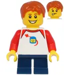 Minifigurka: TWN397:  Boy with Classic Space Shirt with Red Sleeves, Dark Blue Short Legs, Dark Orange Hair
