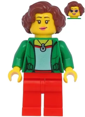 TWN399:  Female with Green Jacket, Red Legs, Reddish Brown Hair
