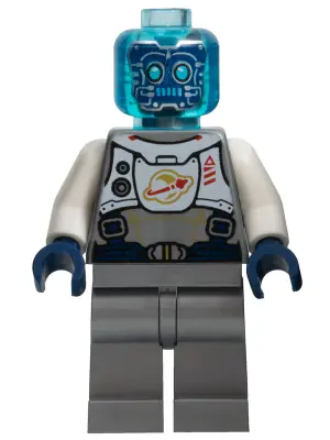 TWN401:  Cyber Drone Robot - Flat Silver Spacesuit with Harness and White Panel with Classic Space Logo, Trans-Light Blue Head