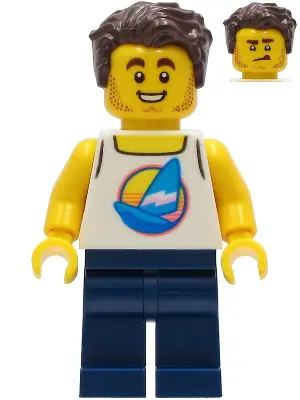 TWN407:  Surfer - Male, White Tank Top with Dark Azure Sailboat, Dark Blue Legs, Dark Brown Hair