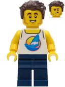 Minifigurka: TWN407:  Surfer - Male, White Tank Top with Dark Azure Sailboat, Dark Blue Legs, Dark Brown Hair