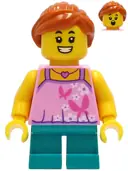 Minifigurka: TWN408:  Tourist - Girl, Bright Pink Top with Butterflies and Flowers, Dark Turquoise Short Legs, Dark Orange Hair