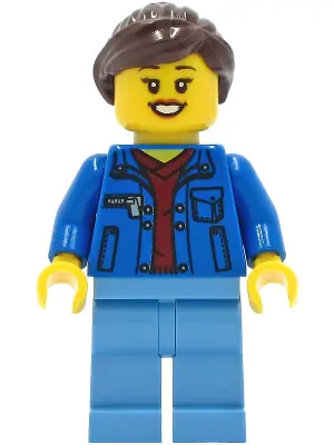 TWN409:  Woman - Blue Jacket over Dark Red V-Neck Sweater, Medium Blue Legs, Dark Brown Hair