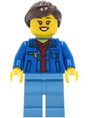 Minifigurka: TWN409:  Woman - Blue Jacket over Dark Red V-Neck Sweater, Medium Blue Legs, Dark Brown Hair