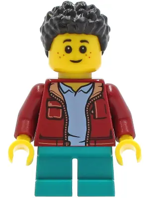 TWN410:  Child - Boy, Dark Red Jacket, Dark Turquoise Short Legs, Black Short Coiled Hair, Freckles
